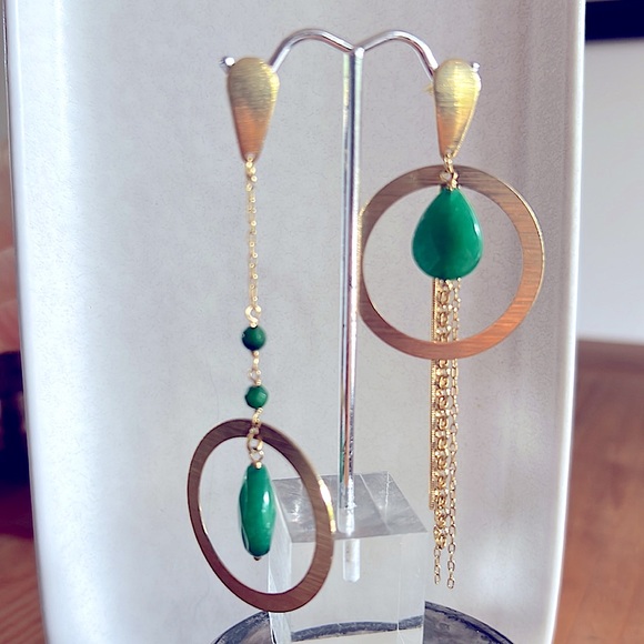 Gold & Green Faceted Stone Hoop & Chain Chandelier Earrings - NWT - Picture 2 of 4